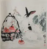 Liu Jiyou, Untitled, RABBITS AND PERSIMMONS, ink and color on paper scroll, signed and sealed