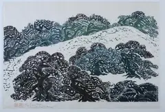 Nooko Matsutara, PINE TREES, color woodcut, PINE TREES, color woodcut, signed and sealed.