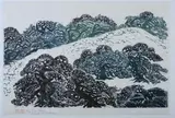 Nooko Matsutara, PINE TREES, color woodcut, PINE TREES, color woodcut, signed and sealed.