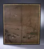 Anonymous, Untitled, MANDARIN DUCKS, ink and color on two-fold paper screen. - Each panel: 55 1/4 in. x 25 in