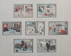 SEVEN SCENES FROM THE CONCISE ILLUSTRATED HISTORY OF GREAT JAPAN, color woodblock by Anonymous, SEVEN SCENES FROM THE CONCISE ILLUSTRATED HISTORY OF GREAT JAPAN, color woodblock, offered Apr 2011