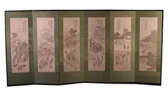 Anonymous, Untitled, LANDSCAPE AND FIGURES, ink and color on silk, six fold screen