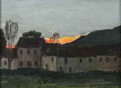 Emile Lecomte, Village at Sunset, Oil on panel