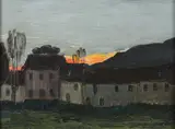 Emile Lecomte, Village at Sunset, Oil on panel