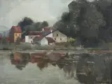 S. Pierard, Farmhouses and Pond, Oil on panel