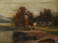 F. Huber, Landscape with Rustic Farmhouse, Oil on canvas