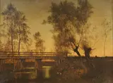 Landscape with Bridge at Sunset by Continental School, Oil on canvas, sold Apr 2011