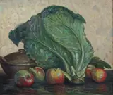 A. Ribard, Still Life with Apples and Head of Cabbage, Oil on canvas
