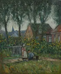 Village Scene with Sunflowers by Helmuth Liesegang, Oil on canvas, sold Apr 2011