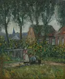 Helmuth Liesegang, Village Scene with Sunflowers, Oil on canvas