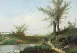 Henri Joseph Pieron, Landscape with Cows and Distant City, Oil on canvas