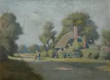 William Staples Drown, Cottage View with Travelers, Oil on board