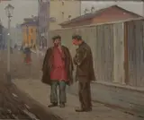 Michael Abramowitch Balunin, Men in Conversation, Oil on board