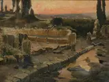 Roman Ruins at Dusk by Continental School, Oil on canvas laid on board, offered Apr 2011