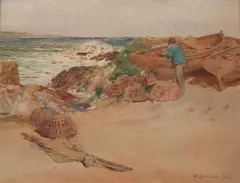 Walter Langley, Waiting for the Catch, Watercolor