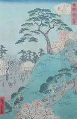Higurashi Village from the Thirty-six Views of the Eastern Capital, color woodblock by Utagawa Hiroshige II, Famous Places in Edo , color woodblock, inscribed(3) - All, sold Jun 2011