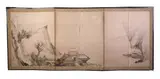 Sesson Shukei, Untitled, Riverscape, ink and color on paper, mounted on six-fold screen, bears signature and seal - Each panel: 47 in. x 18 3/4 in