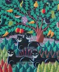 Jean Volcy Philemon, PANTHERS UNDER FRUIT TREE, located "Paris" lower left, Oil on canvas
