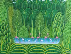 Henri Robert Bresil, Flamingoes, FLAMINGOES, signed lower right. oil on canvas