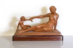Marcel Bouraine, Marcel-André Bouraine (French, 1886, an Art Deco terracotta figure group modelled as Venus and Cupid