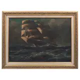 Luca Papaluca, Marina con barco, Óleo sobre tela