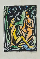 Emil Maetzel, Zwei weibliche Akte im Freien, 1913, Aquarellierter Linolschnitt auf Papier