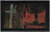 Víctor Mira, "Estilita contemlping an atomic explosion", 1989, Assemblage. Öl auf Hartfaser in mit Ölfarbe überarbeitetem Holzrahmen, mit Draht umwickelt