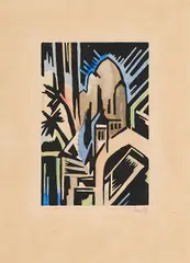 Walter Dexel, Moschee, 1916, Aquarellierter Holzschnitt auf Karton (25 x 18cm)