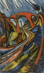 Herm Dienz, Die rote Brücke, 1920, Öl auf Karton