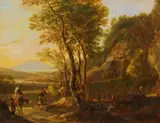 Niederländische Schule, Italienische Flusslandschaft mit Eselreitern an einem Bachlauf
