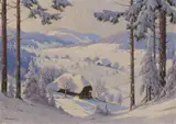 Karl Hauptmann, Sonniger Wintertag in einem Schwarzwaldtal, Öl auf Holz