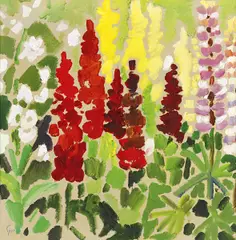 Siegward Sprotte, In meinem Garten (Zwiesprache mit Lupinen), 1981, Öl auf Leinwand