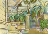Heinrich Steiner, Eingang in einen Garten (Römische Architektur mit grünem Haus), 1978, Öl auf Leinwand
