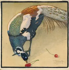 Carl Moser, Weißgefleckter Pfau (Pfau mit Kirschen), 1921, Farbholzschnitt auf Japan