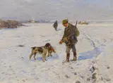 Hugo Mühlig, Bei der Hasenjagd auf winterlich verschneiten Feldern