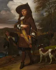 Barend Graat, Portrait eines vornehmen Herren mit Jagdgehilfen und Jagdhund, Öl auf Leinwand