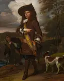 Barend Graat, Portrait eines vornehmen Herren mit Jagdgehilfen und Jagdhund, Öl auf Leinwand