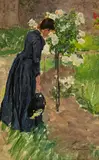 Friedrich Kallmorgen, Die Frau des Künstlers im Garten bei einem Rosenstrauch