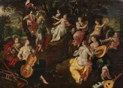 Hendrick de Clerck, Minerva und die Musen, Öl auf Holz