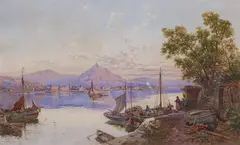 Charles Rowbotham, Morgenstimmung am Rhein vor der Kulisse des Siebengebirges mit dem Drachenfels, Aquarell auf Papier