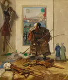 Salomon Garf, Stillleben einer asiatischen Sammlung mit Figuren und Holzschnitt, Öl auf Leinwand
