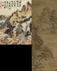 Tao Shi, Berglandschaft mit Dorf und Bach, Tusche und Farbe (Himmelblau und Aprikosengelb) auf Papier