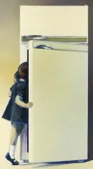 "Das Mädchen und der Kühlschrank" by Christoph Blawert, 2018, Öl auf Leinwand, sold Jun 2020