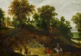 Philippe de Momper, Bewaldete Hügellandschaft mit Reiter und Wanderer, Öl auf Holz