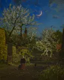 Oscar Adolfowitsch Hoffmann, Frühjahrsnacht im Dorf, Öl auf Holz