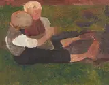Paula Modersohn-Becker, Sitzender Junge mit Mädchen auf dem Schoß, Um 1903, Tempera und Öl auf Pappe