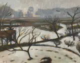 Otto Modersohn, Winterlandschaft in Worpswede Tauwetter (Blick von Paulas Fenster), 1915/1916, Öl auf Malpappe