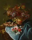 Maximilian Pfeiler, Prunkvolles Stillleben mit Trauben, Granatapfel, Rosen und Gebäck, Öl auf Leinwand
