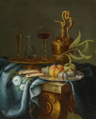 Maximilian Pfeiler, Prunkvolles Stillleben mit Früchten, Rosen, Karaffe und Gläsern, Öl auf Leinwand