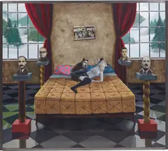 Gino Rubert, Action on Golden Bed, 1997, oil, acrylic and collaged photographs on canvas, in artist's frame